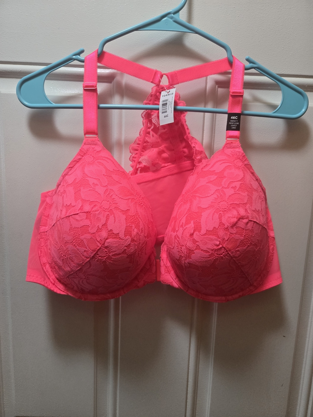 torrid Neon Pink Lace Racerback Bra In Bright Pink/coral